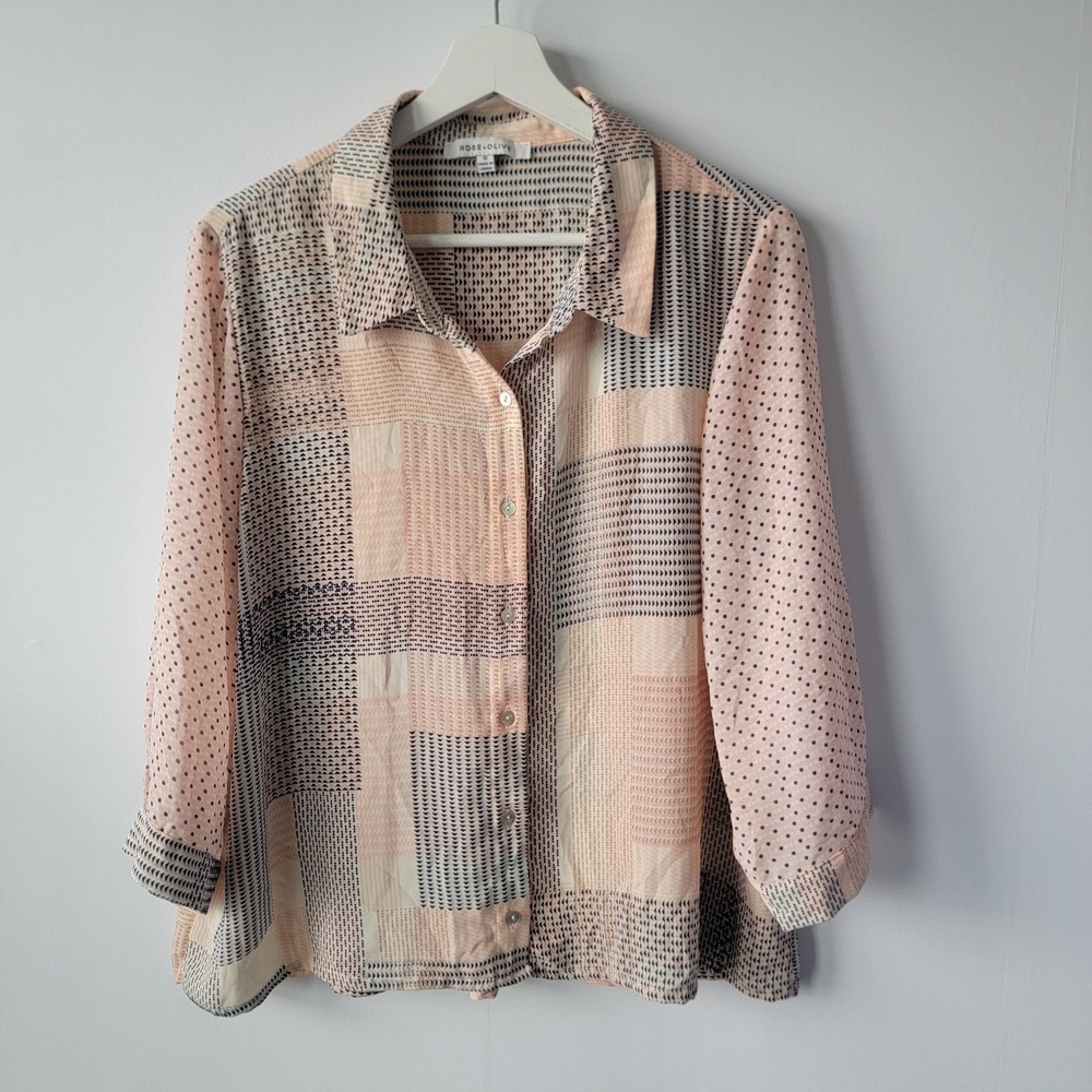 Rose + Olive women's patchwork button-up top size 1X Boho Chic Artsy 3/4 sleeve